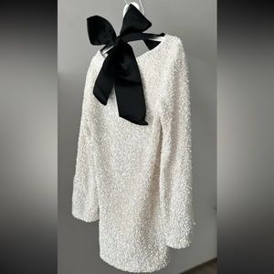 ***It is NOT H&M brand.*** White sequins Dress  W/Black Bow & Long Sleeve